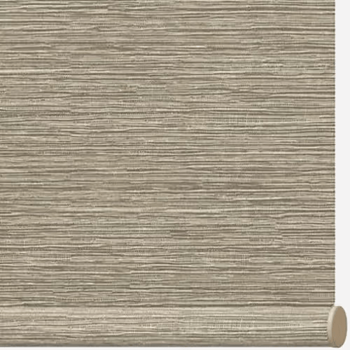 Beige textured window shade with horizontal lines and a pull cord on the right