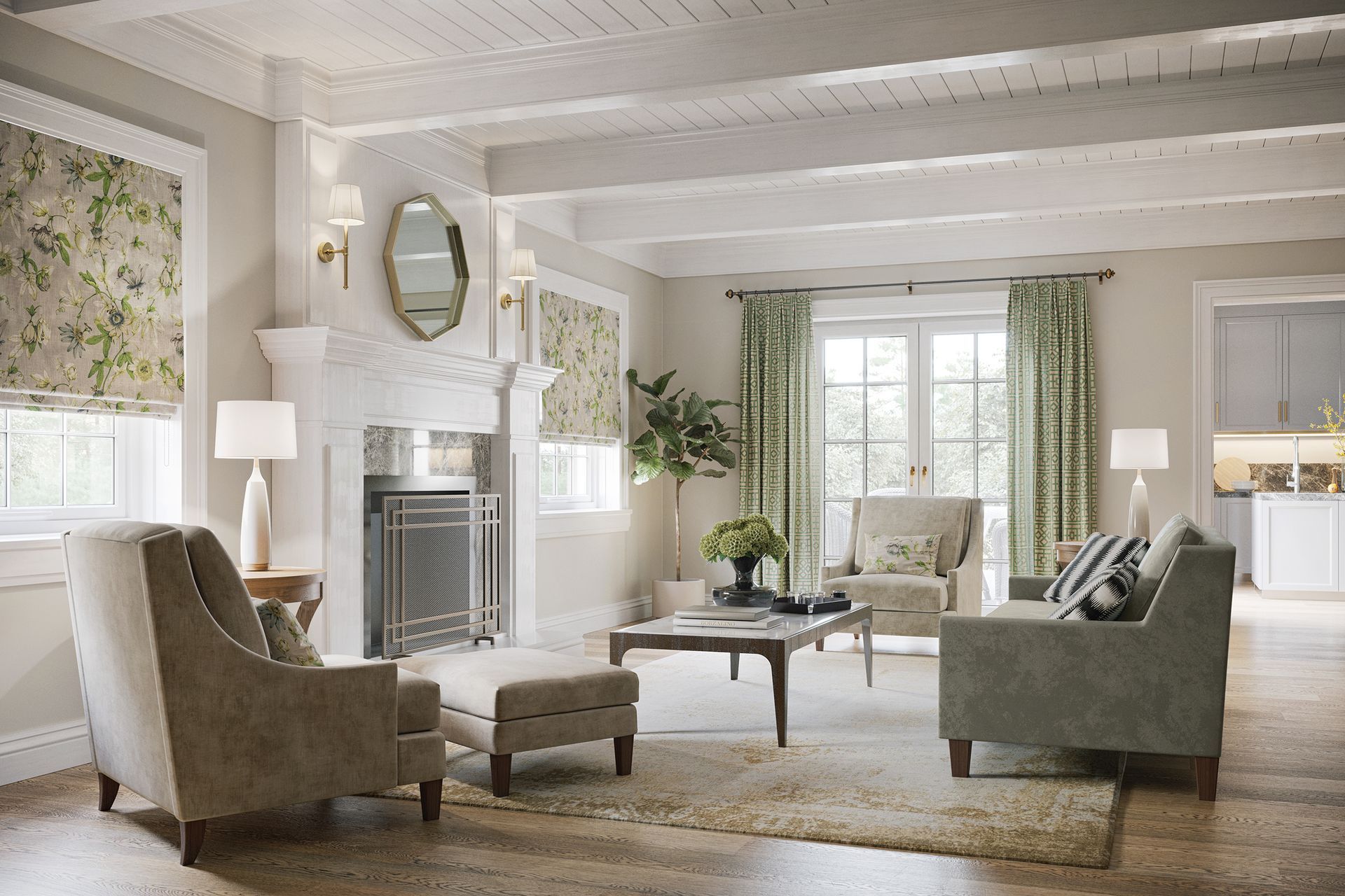 Bright living room with white beams, fireplace, armchairs, sofa, and large windows with floral curtains