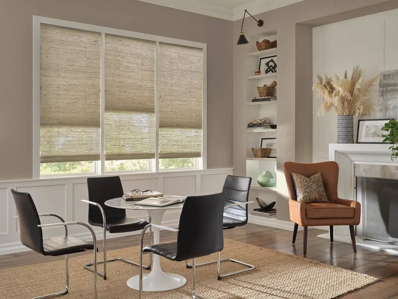 Hunter Douglas Provenance® Woven Wood Shades with Mallorca Fabric in a Dining Room near Kalaheo, HI