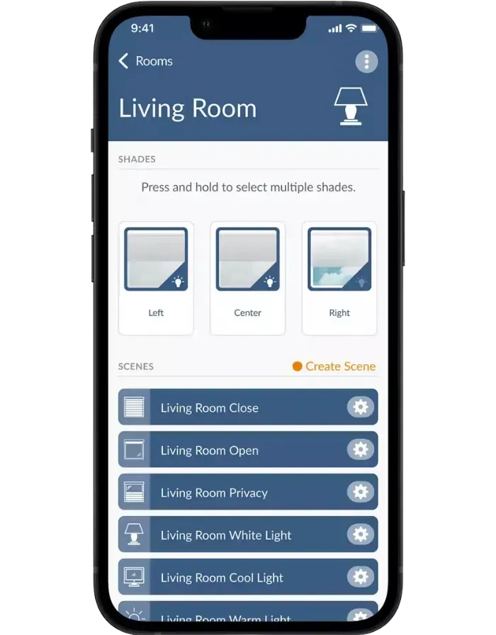 Smartphone screen showing a Living Room shades control app with shade presets and scene options.