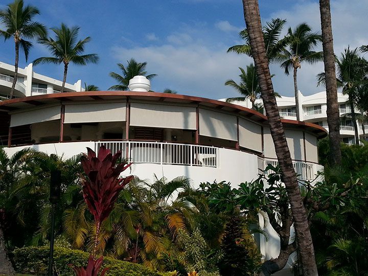 Tropical resort building with palm trees and lush greenery under a blue sky