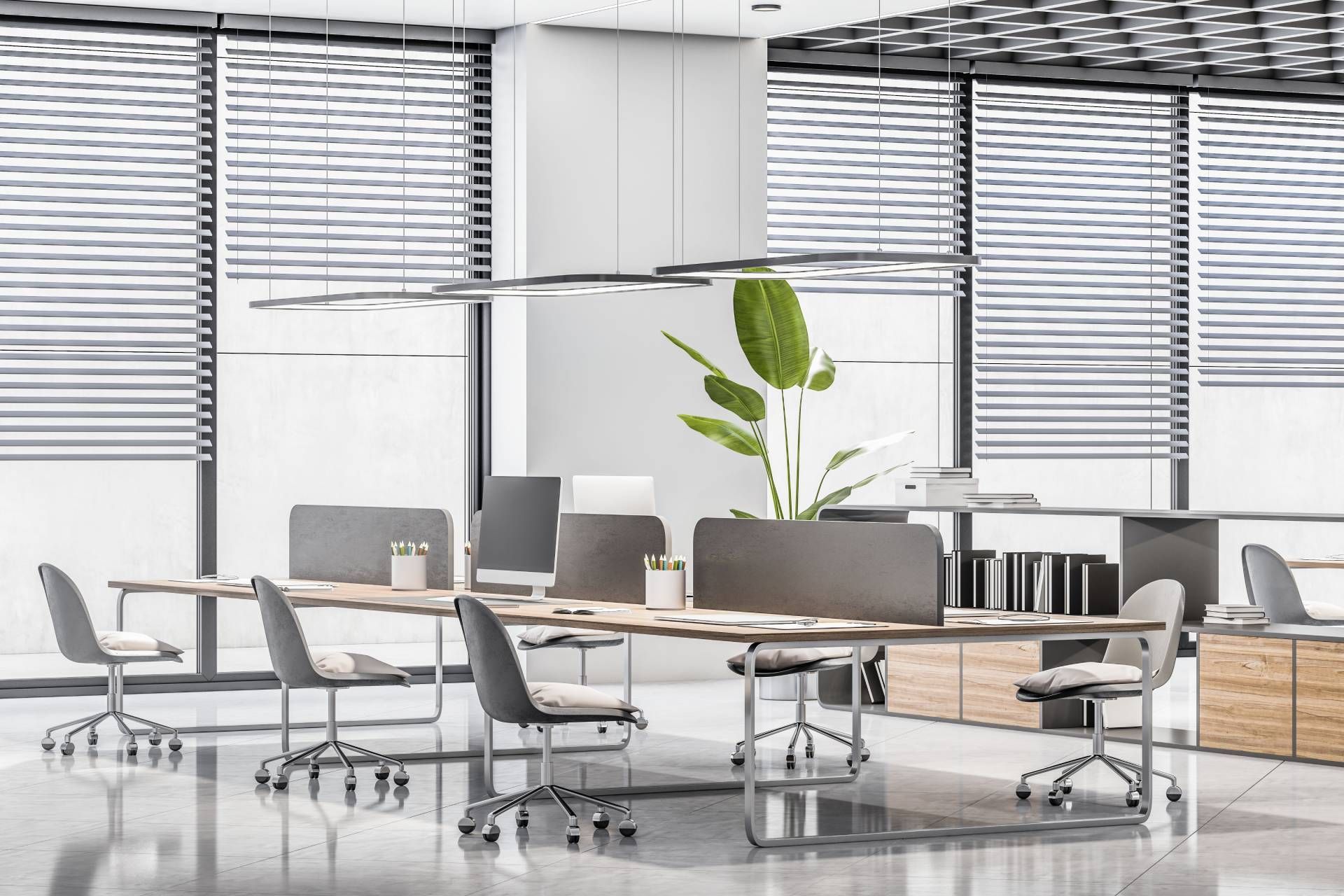 Modern office interior with blinds, panoramic city view, furniture & equipment near Kalaheo, Hawaii