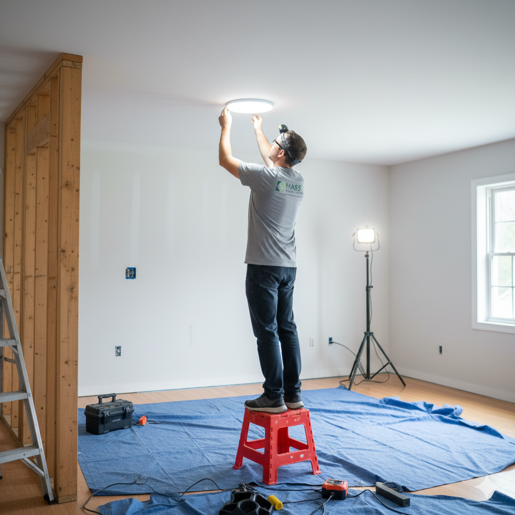 Energy audit technician conducting a home energy assessment in Dracut, MA.