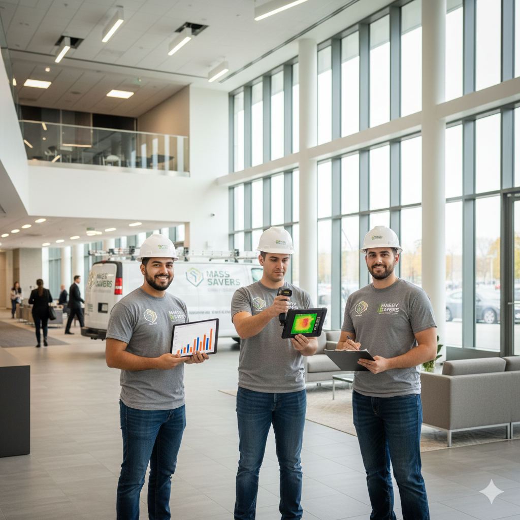 Energy audit technician conducting a home energy assessment in Dracut, MA.