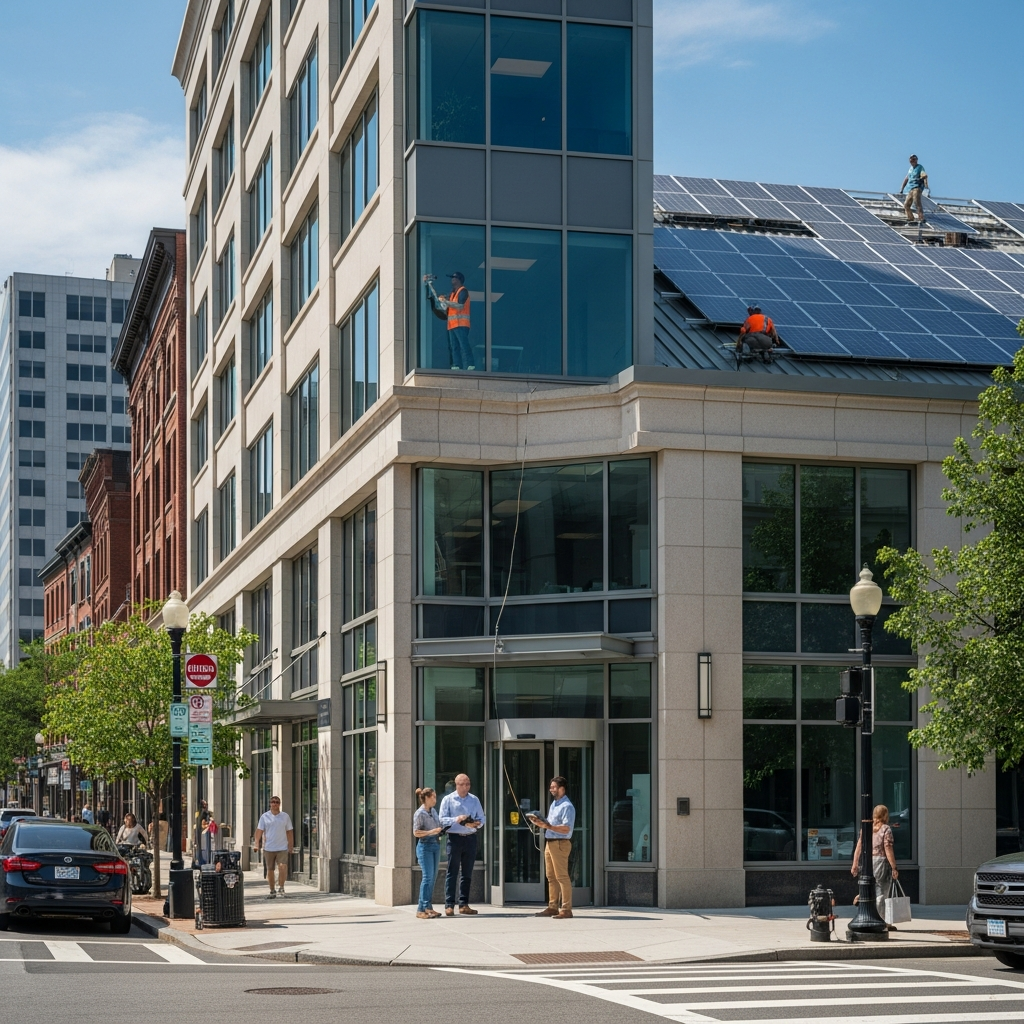 Energy auditor assessing lighting and HVAC systems in a business in Dracut, MA.