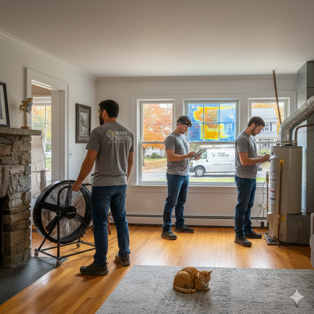 Energy audit technician conducting a home energy assessment in Dracut, MA.