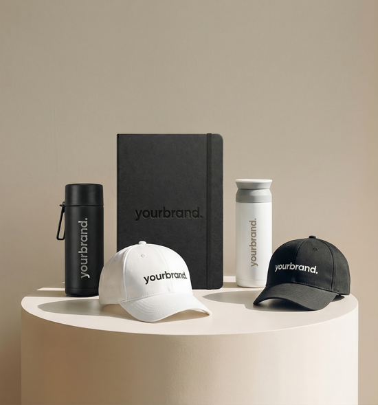 Branded black, white, and gray merchandise displayed on a white pedestal against a beige background