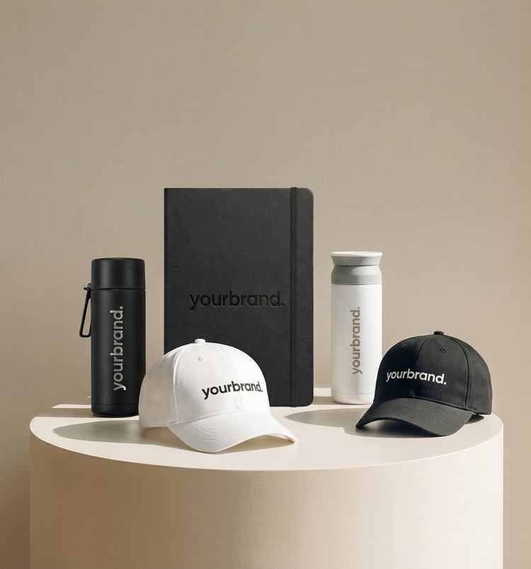 Branded black, white, and gray merchandise displayed on a white pedestal against a beige background