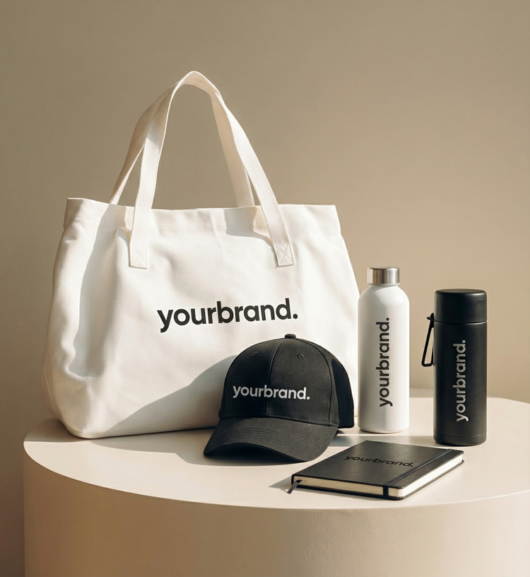 White tote, black cap, bottle, tumbler, and notebook with 
