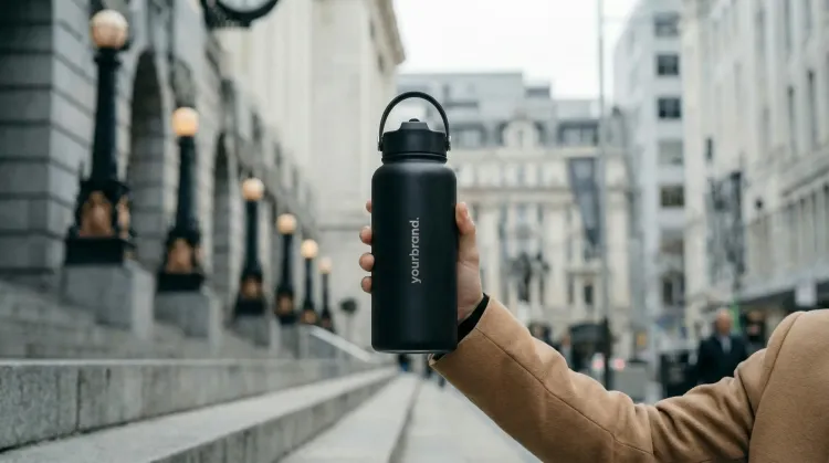 Hand holding a black insulated water bottle on a city sidewalk