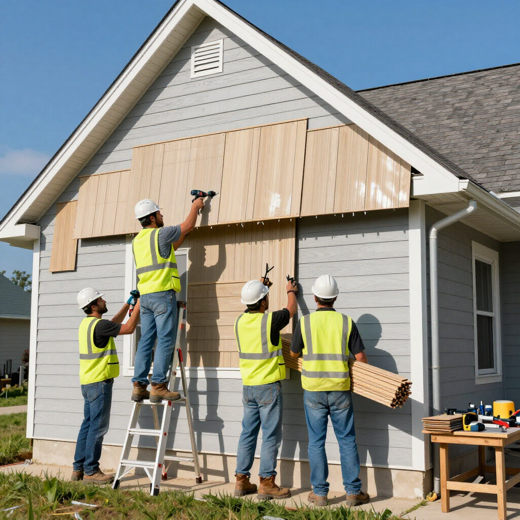 Four construction workers in safety vests and hard hats work together to install wooden siding on a gray house exterior.