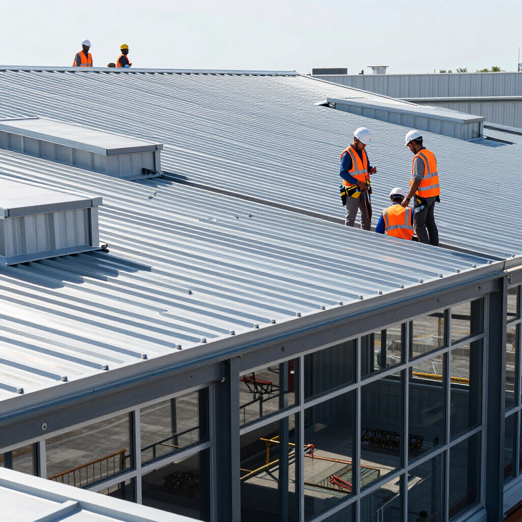 Construction workers in high-visibility vests and hard hats working on the metallic roof of a building.
