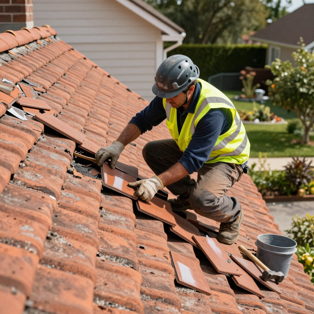 A worker in a high-visibility vest and helmet repairs a weathered terracotta tiled roof.