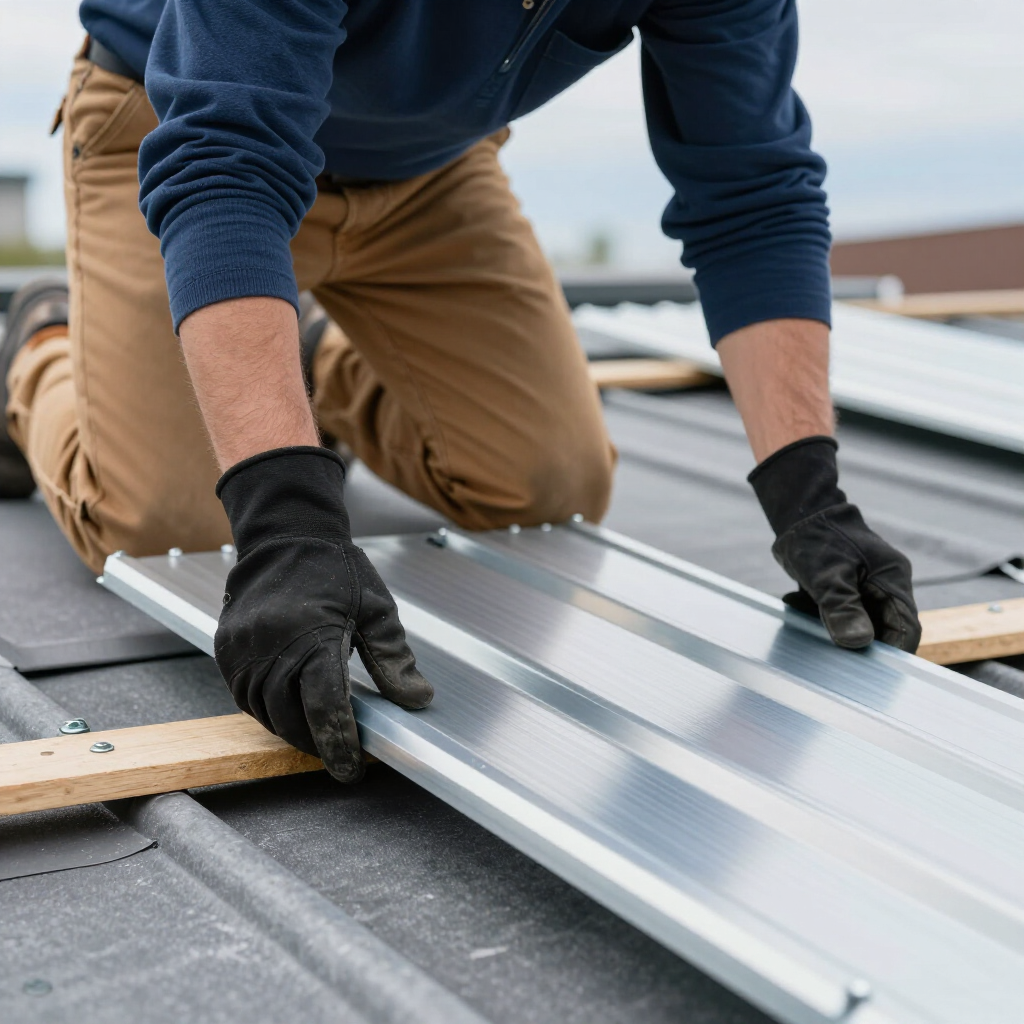 A person in work clothes and black gloves installs a corrugated metal roof panel onto wooden supports.