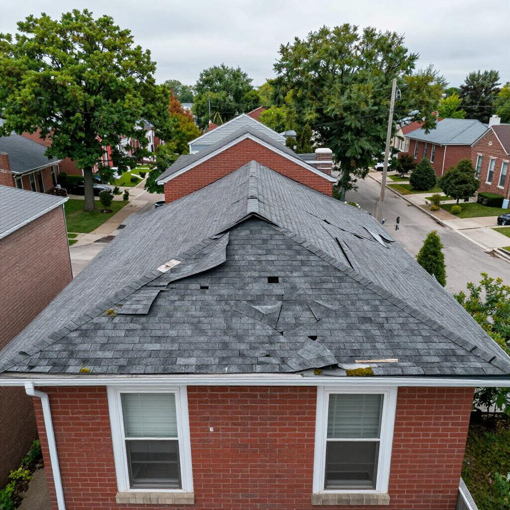 An aerial view of a residential brick house with severe roof shingle damage, missing sections, and debris in a suburb.