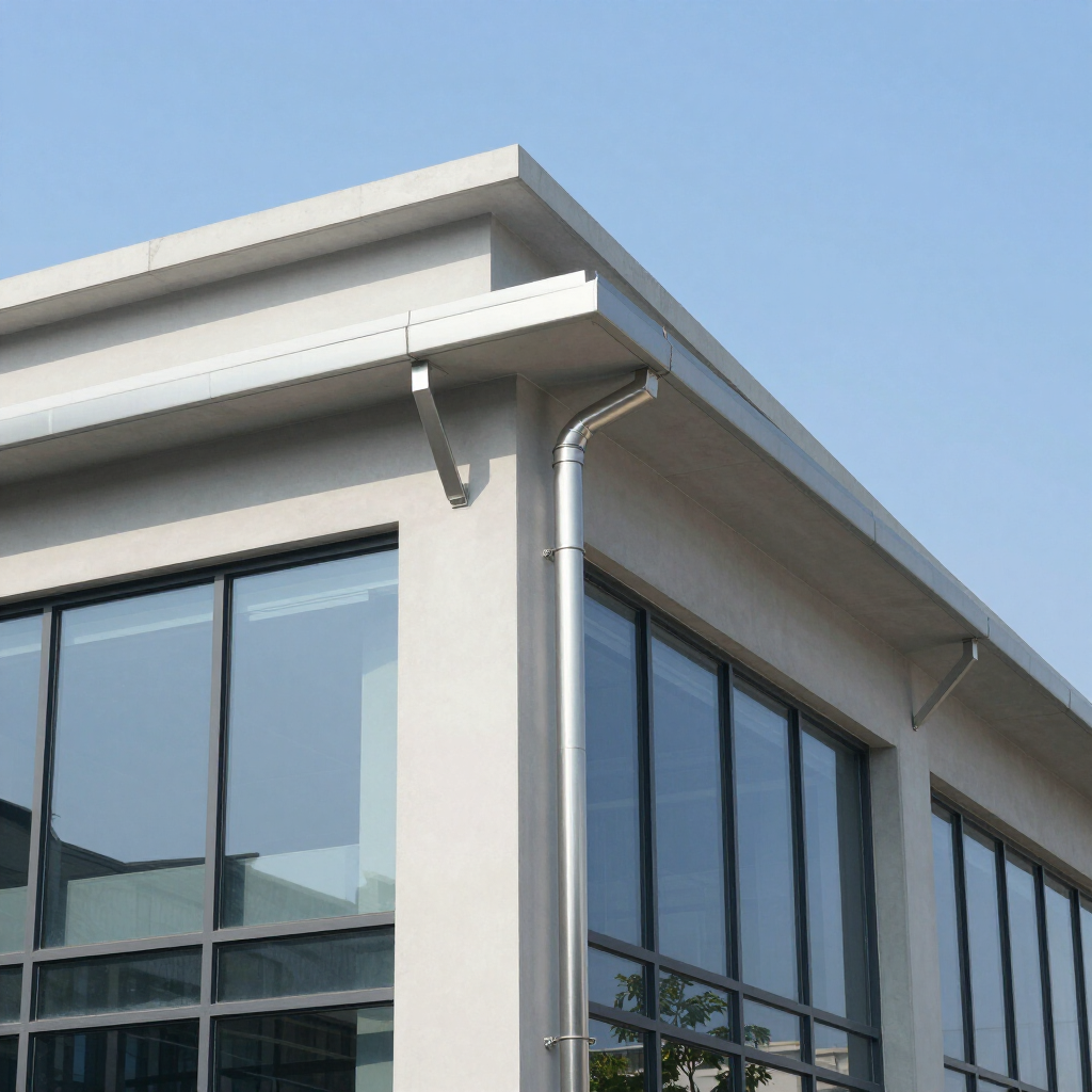 The corner of a light gray building features metal gutters and a downspout attached to a glass-paneled facade.