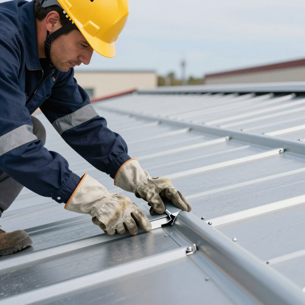A worker in a yellow hard hat and protective gloves installs or secures a metal seam on a commercial building roof.