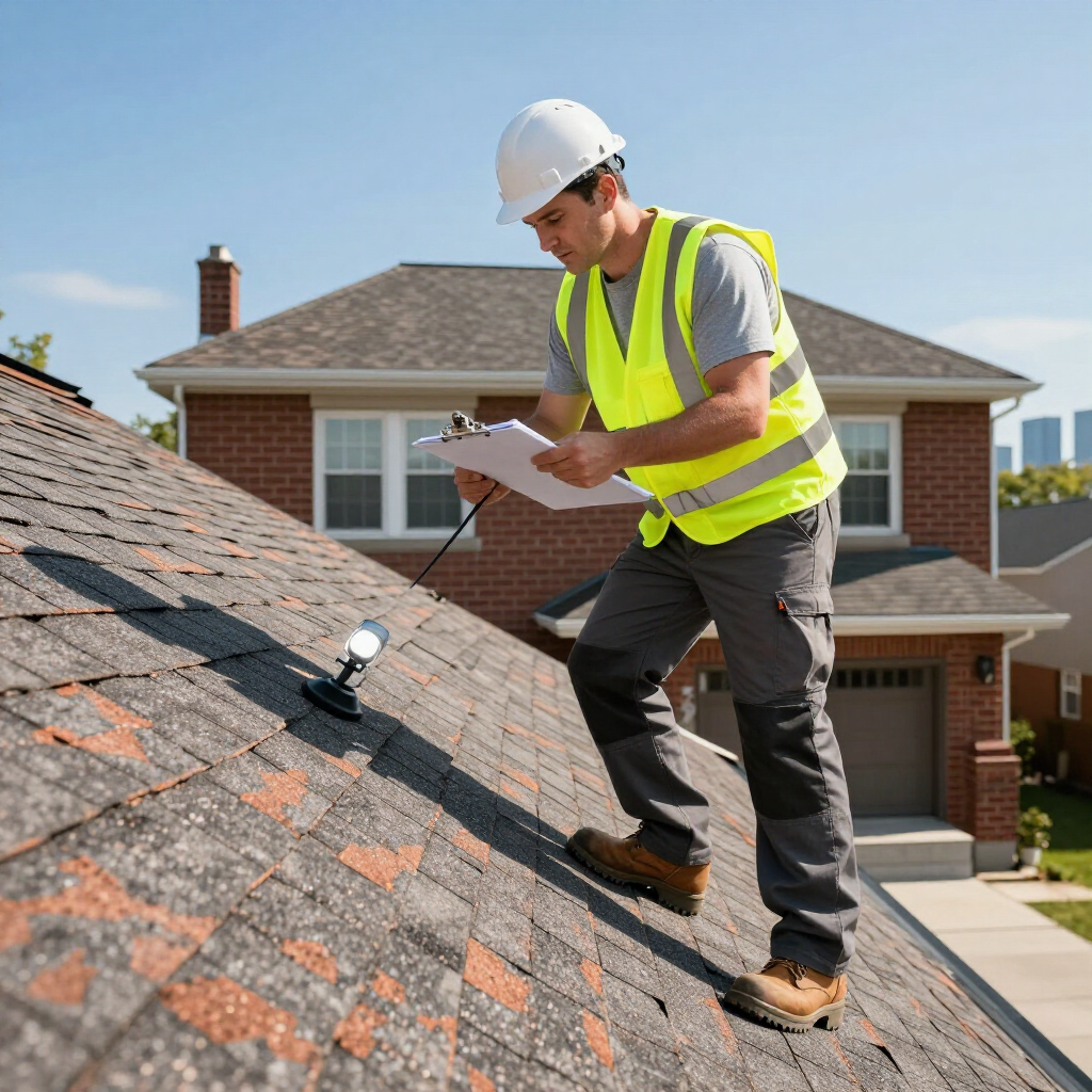A construction worker in a hard hat and high-visibility vest stands on a shingled roof, writing on a clipboard.