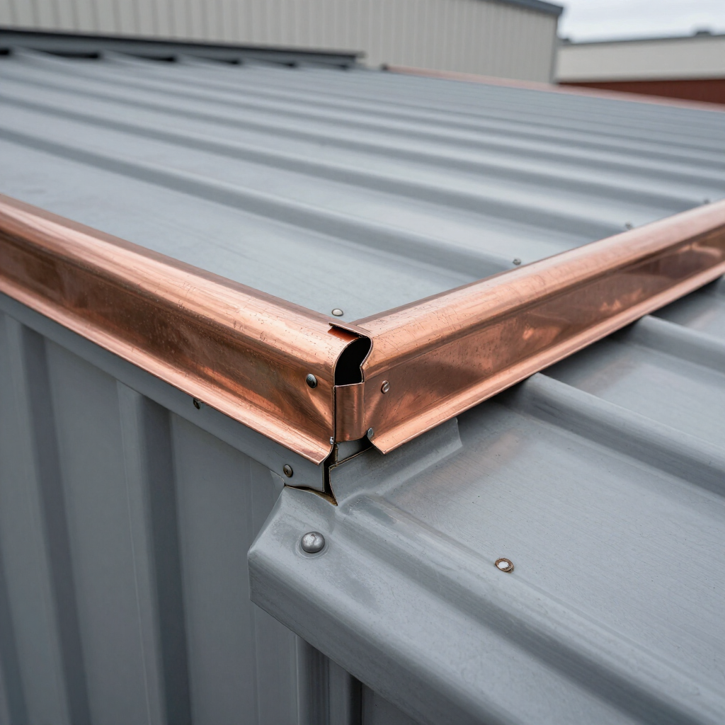 Copper flashing installed over the corner of a grey metal roof, showing a visible gap at the seam.
