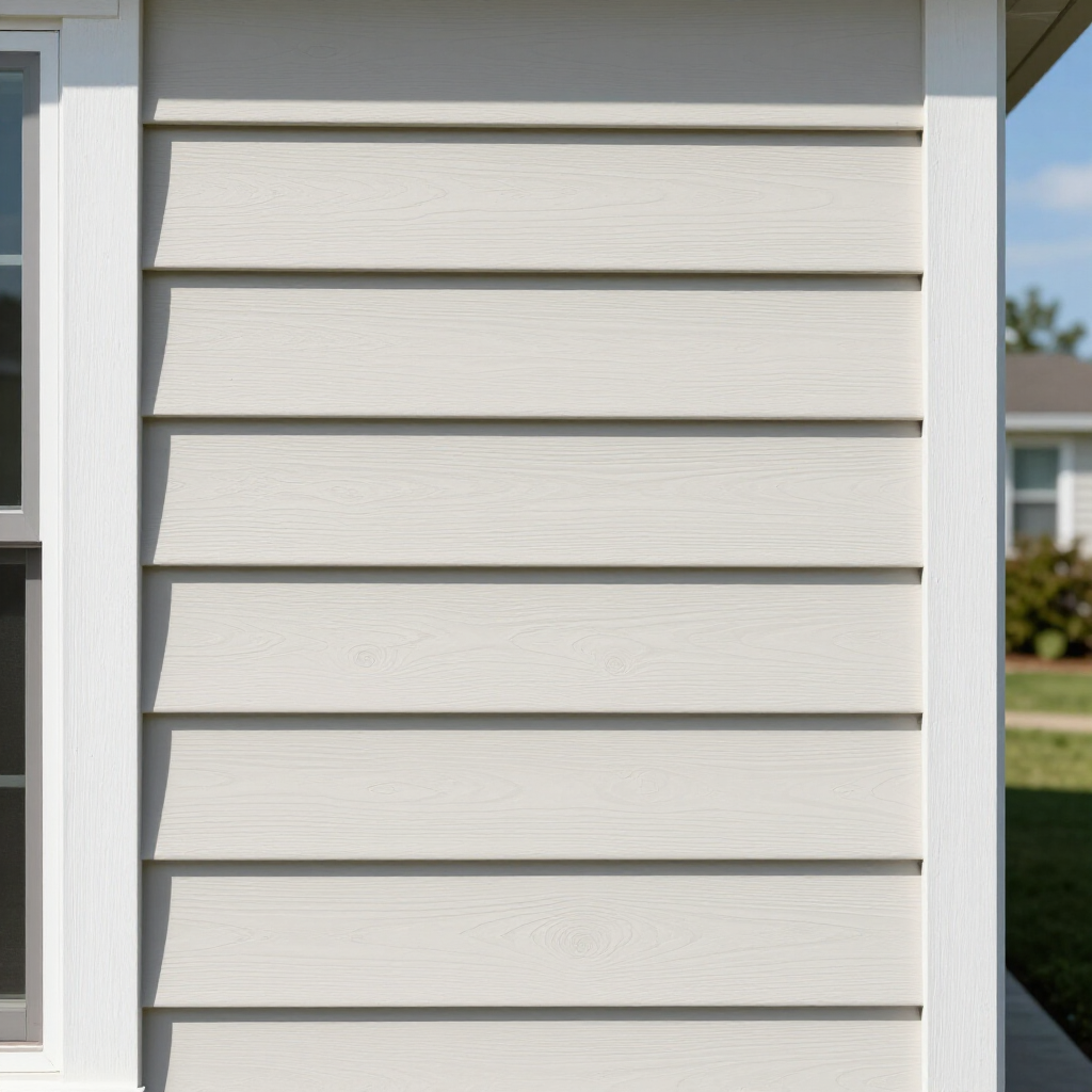 Light beige horizontal lap siding on the exterior of a home, framed by white trim and a window.