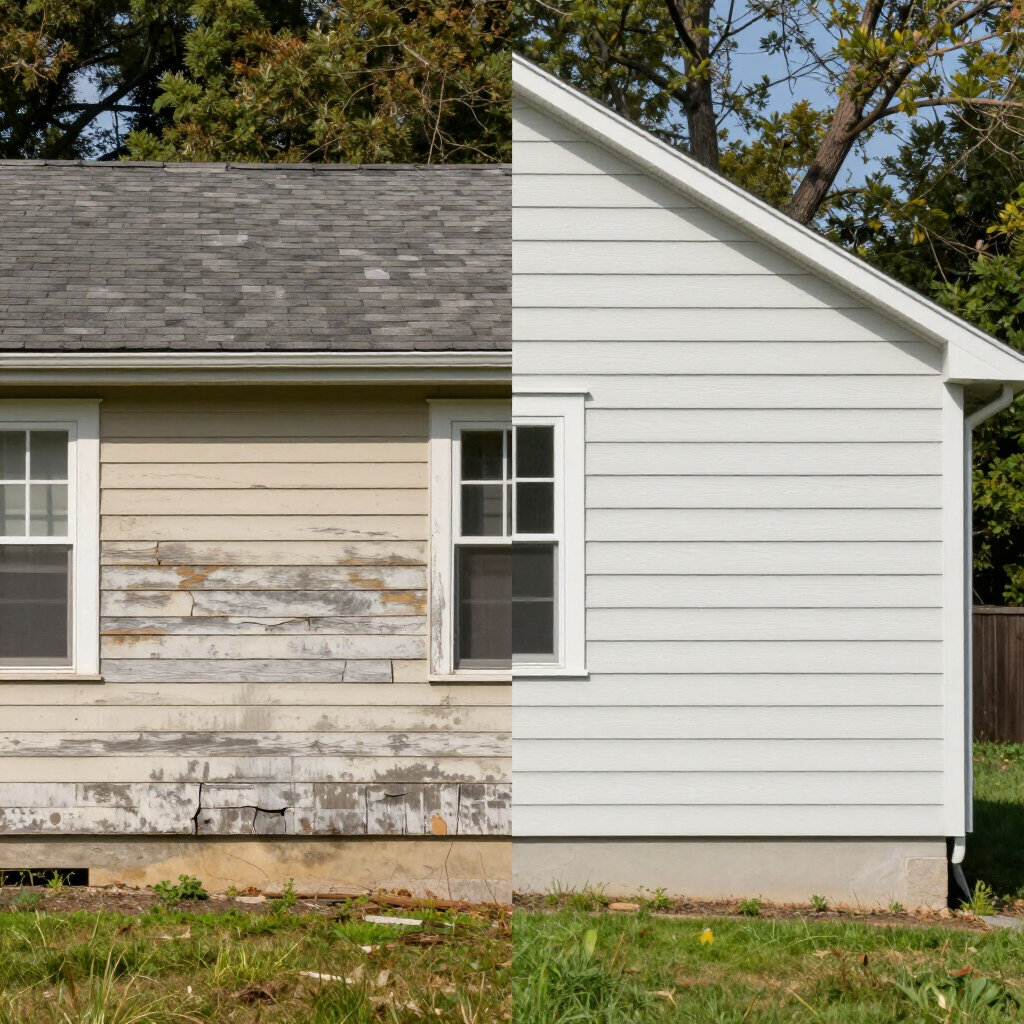 Split view comparing a house exterior with peeling tan paint on the left and fresh white siding on the right.