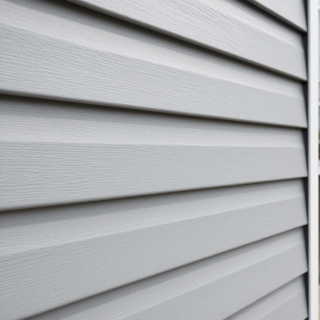 Light gray horizontal vinyl siding on a building exterior with a vertical white trim piece on the right side.