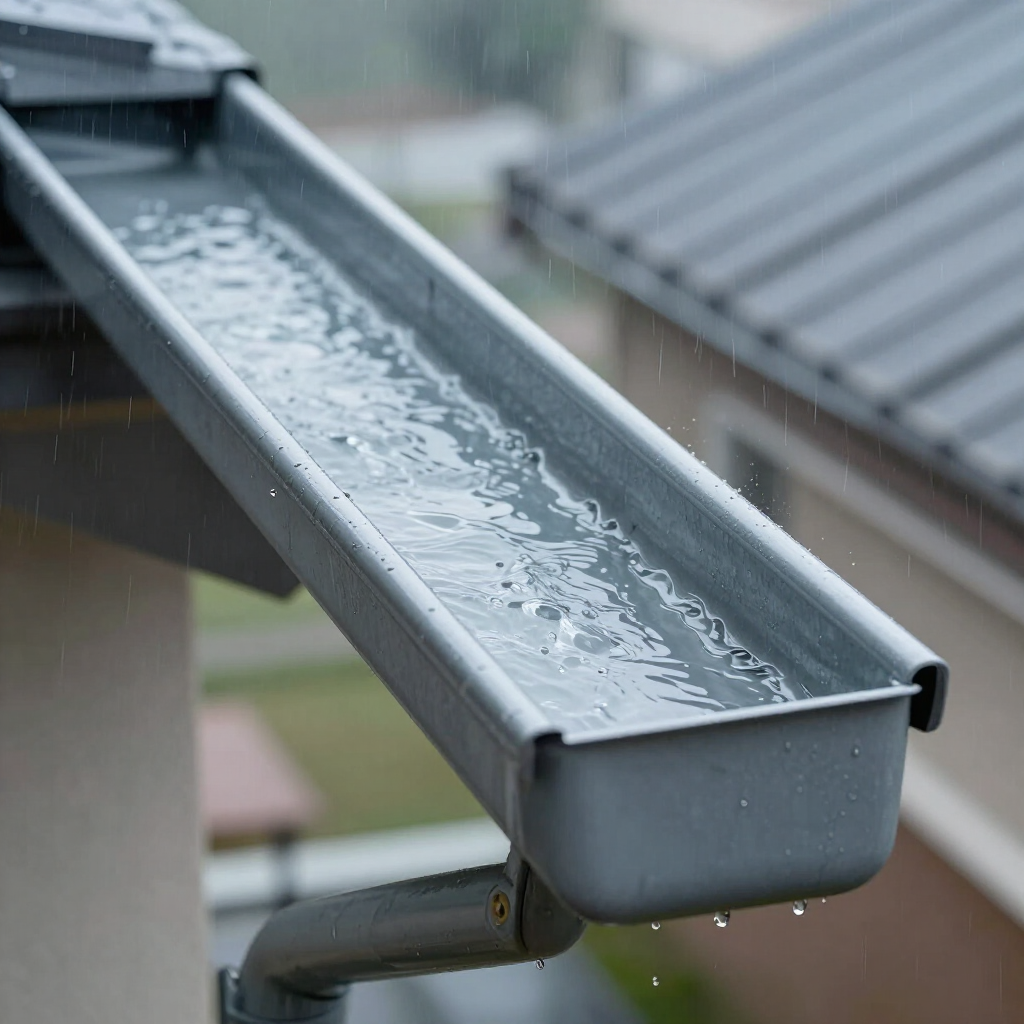 Rainwater collects in a gray metal roof gutter during a rainstorm.