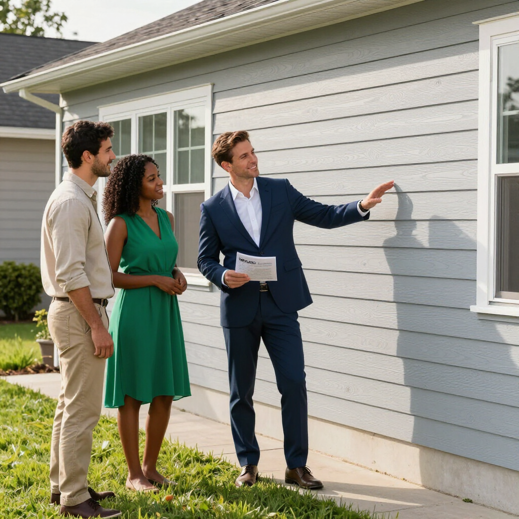 A professional in a suit points to the side of a house, presenting it to a couple standing on the lawn.