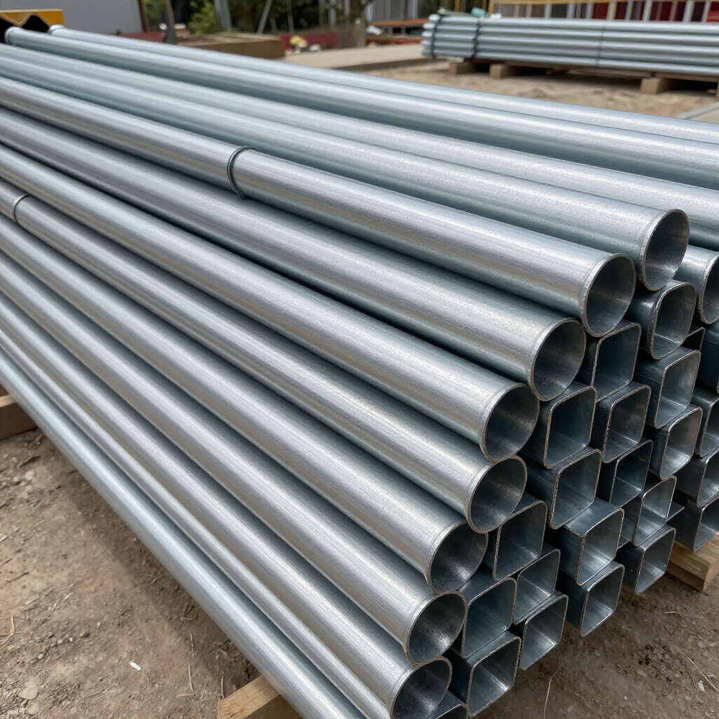 A large stack of galvanized steel pipes lying on wooden supports in an outdoor storage area.