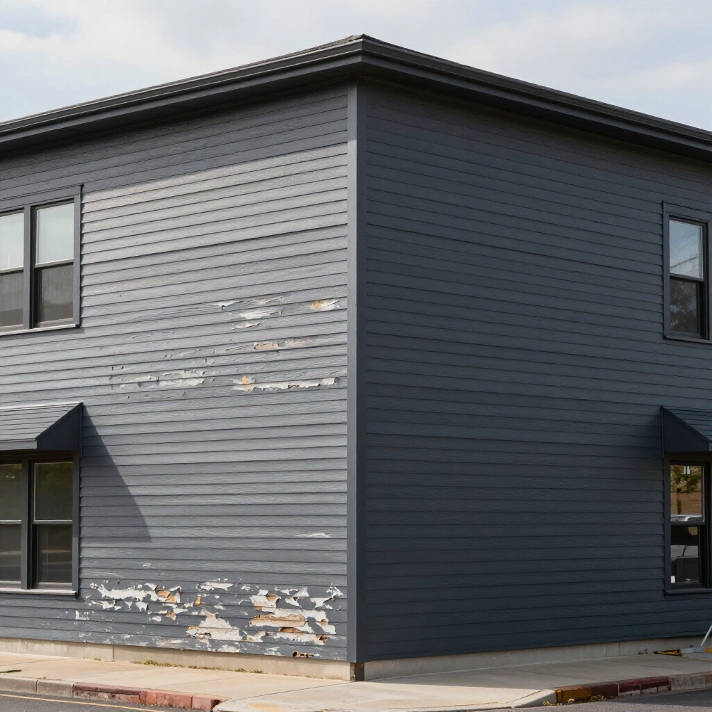 Corner view of a two-story dark gray building with peeling paint on the lower sections of the exterior siding.