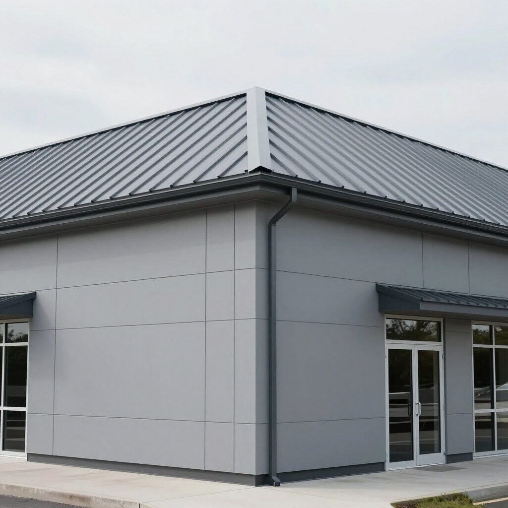 A modern, single-story commercial building with light gray metal panels and a dark metal hip roof.