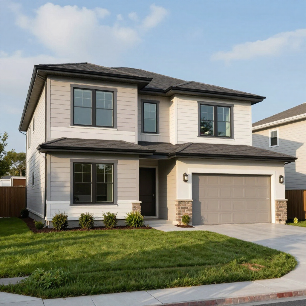A modern, two-story suburban house with light siding, dark roof, front-facing garage, and a manicured green lawn.