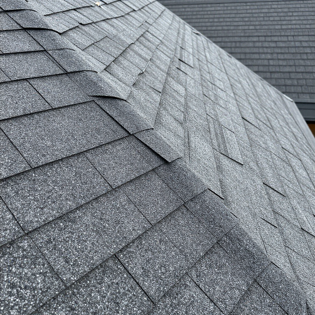 Close-up of a gray asphalt shingle roof showing a hip or valley joint where two roof planes meet.