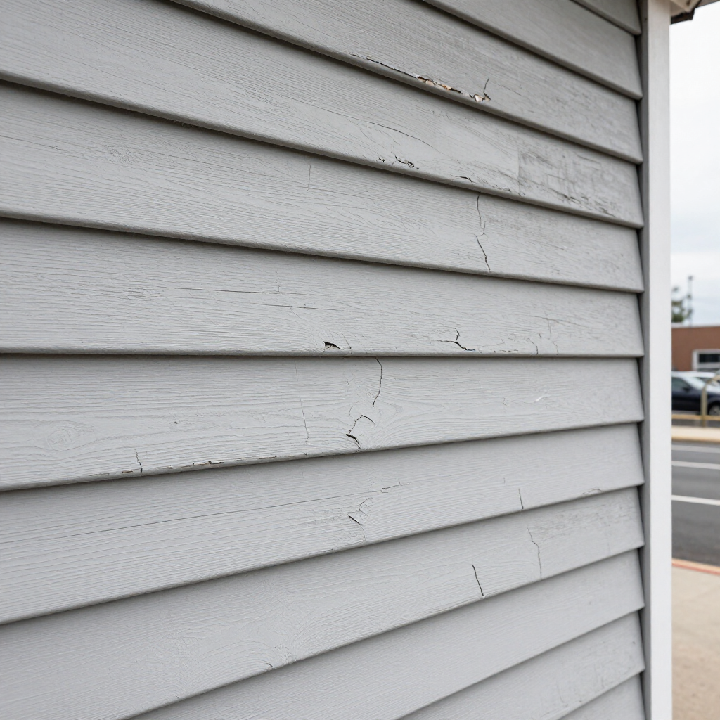 Close-up of weathered grey horizontal siding with visible peeling paint and cracks on an outdoor wall.