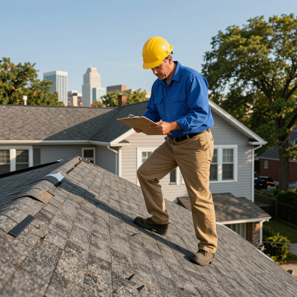 A person in a hard hat and blue work shirt standing on a residential roof, writing on a clipboard.