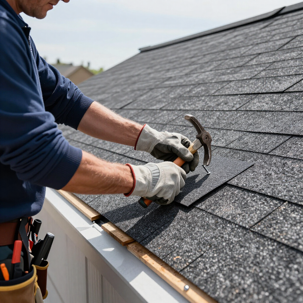 A person wearing work gloves hammers a nail into a shingled roof on a sunny day.