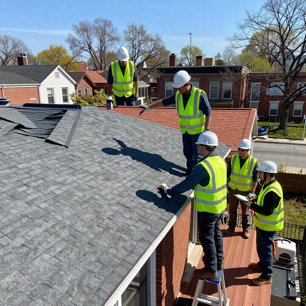 Four construction workers wearing hard hats and high-visibility vests work on a house roof on a sunny day.