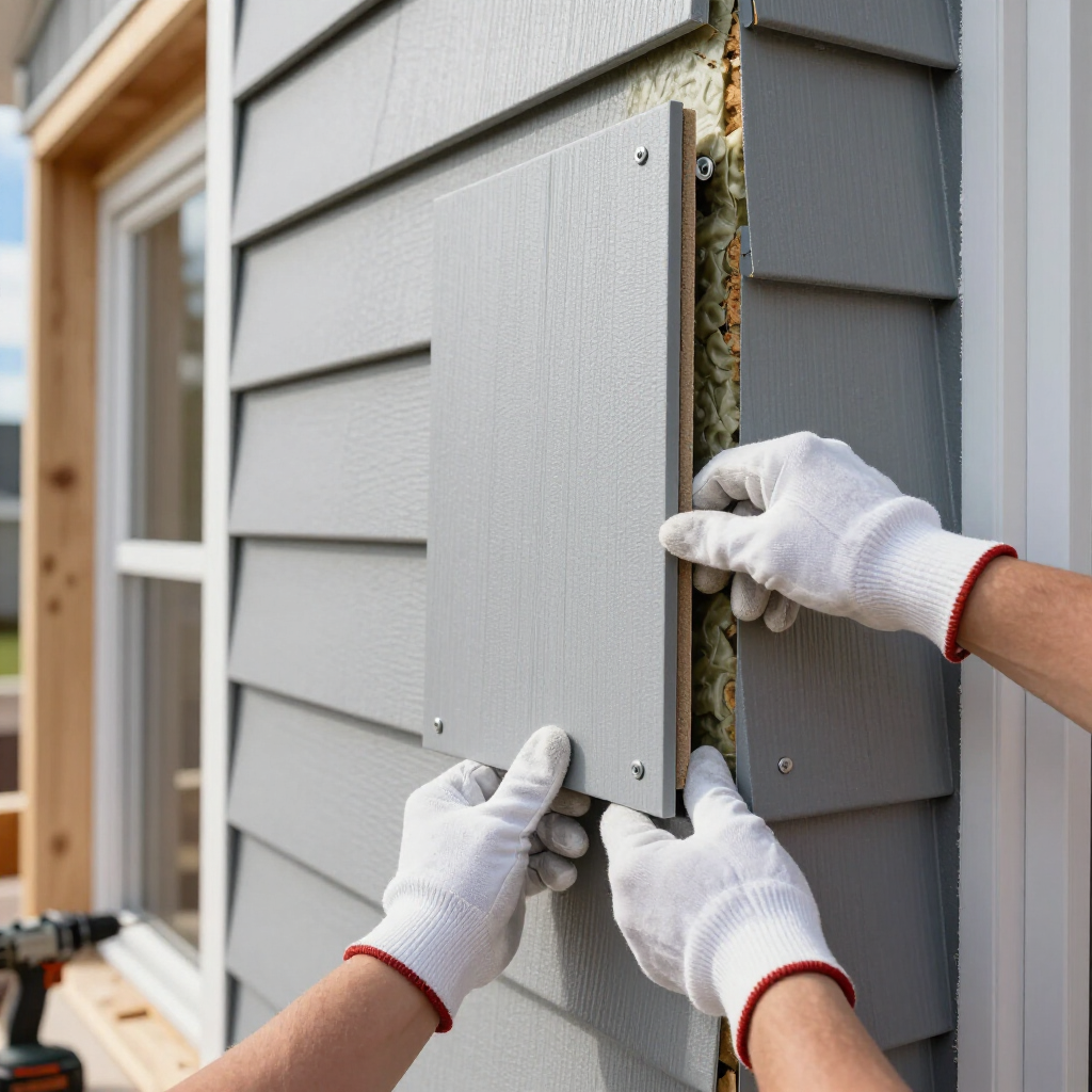 Hands in white work gloves install a gray siding panel onto the exterior wall of a building.