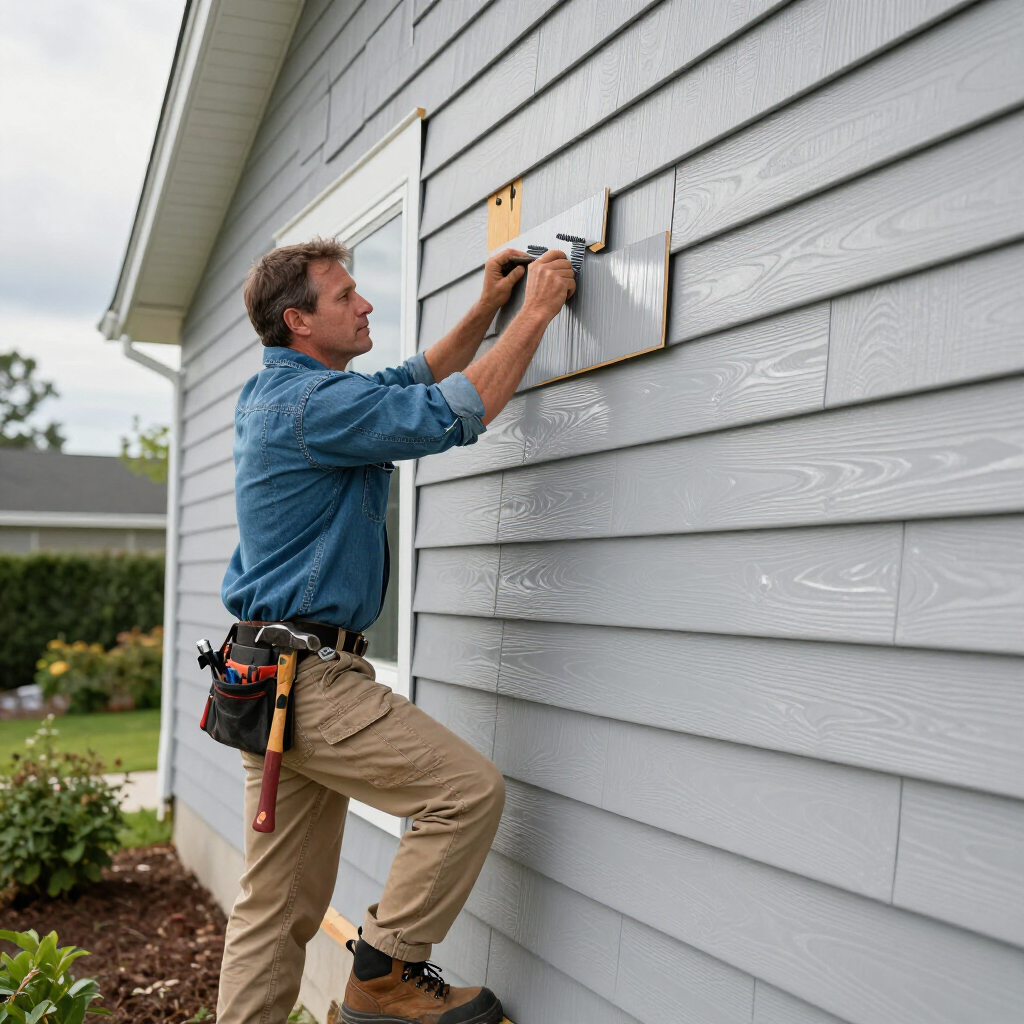 A person in a denim shirt and khaki pants installs gray siding on the exterior wall of a house.