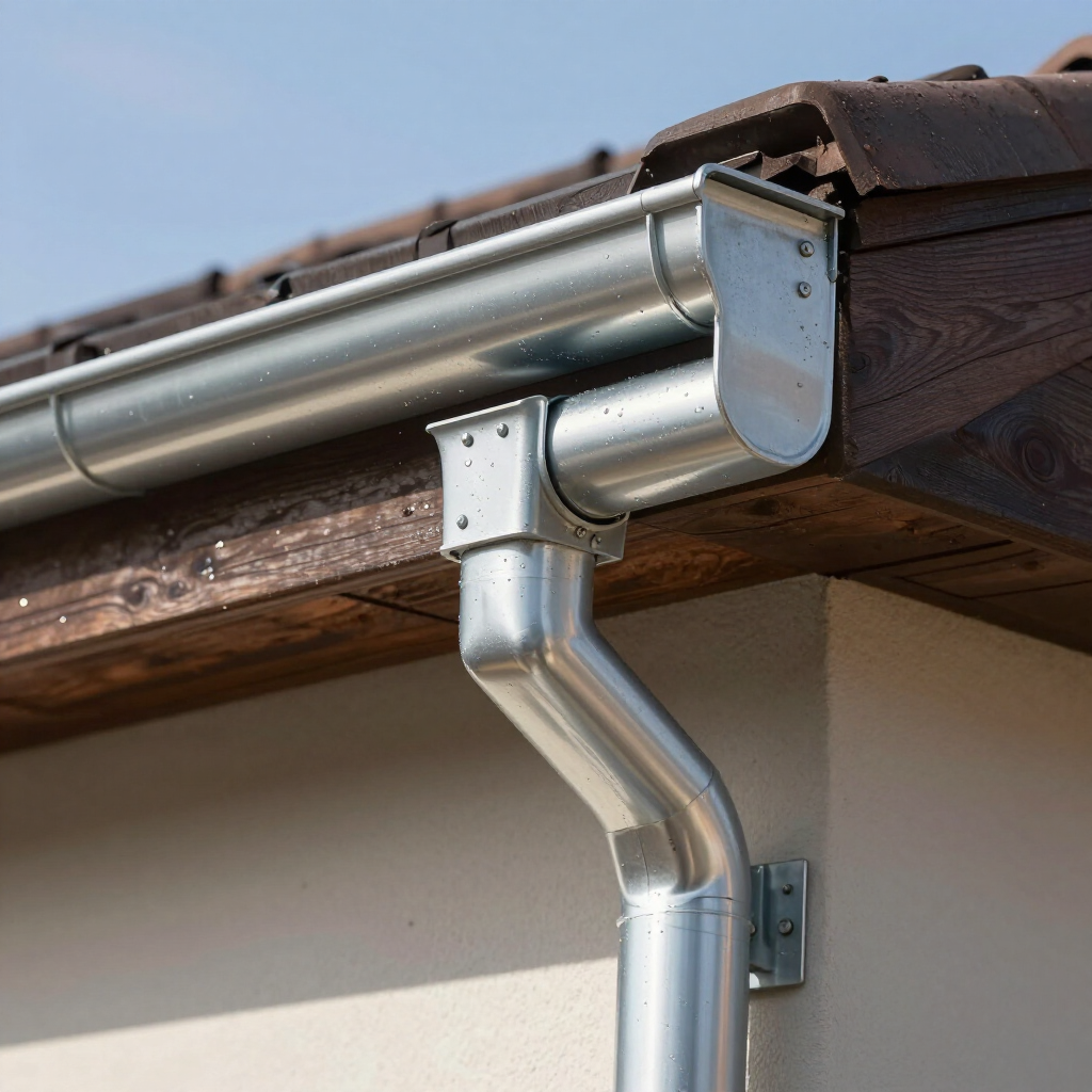 A silver metal gutter system and downspout attached to the wooden eave and beige exterior wall of a house.
