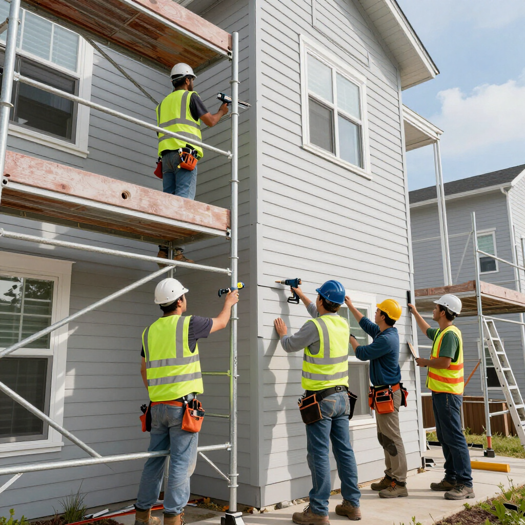 Construction workers in safety vests and hard hats install siding on the exterior of a light gray house.