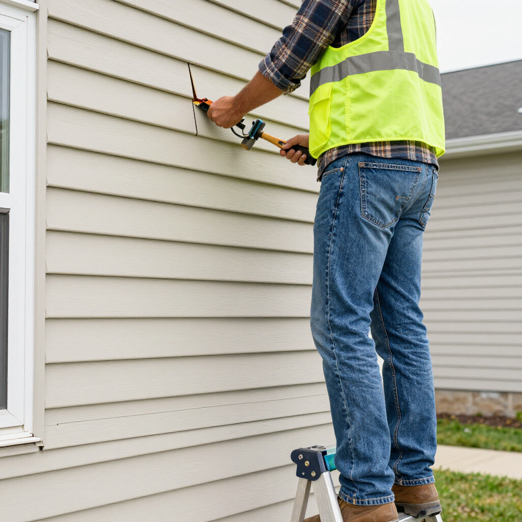 A worker in a high-visibility vest stands on a ladder, using a tool to install wiring through cream-colored vinyl siding.