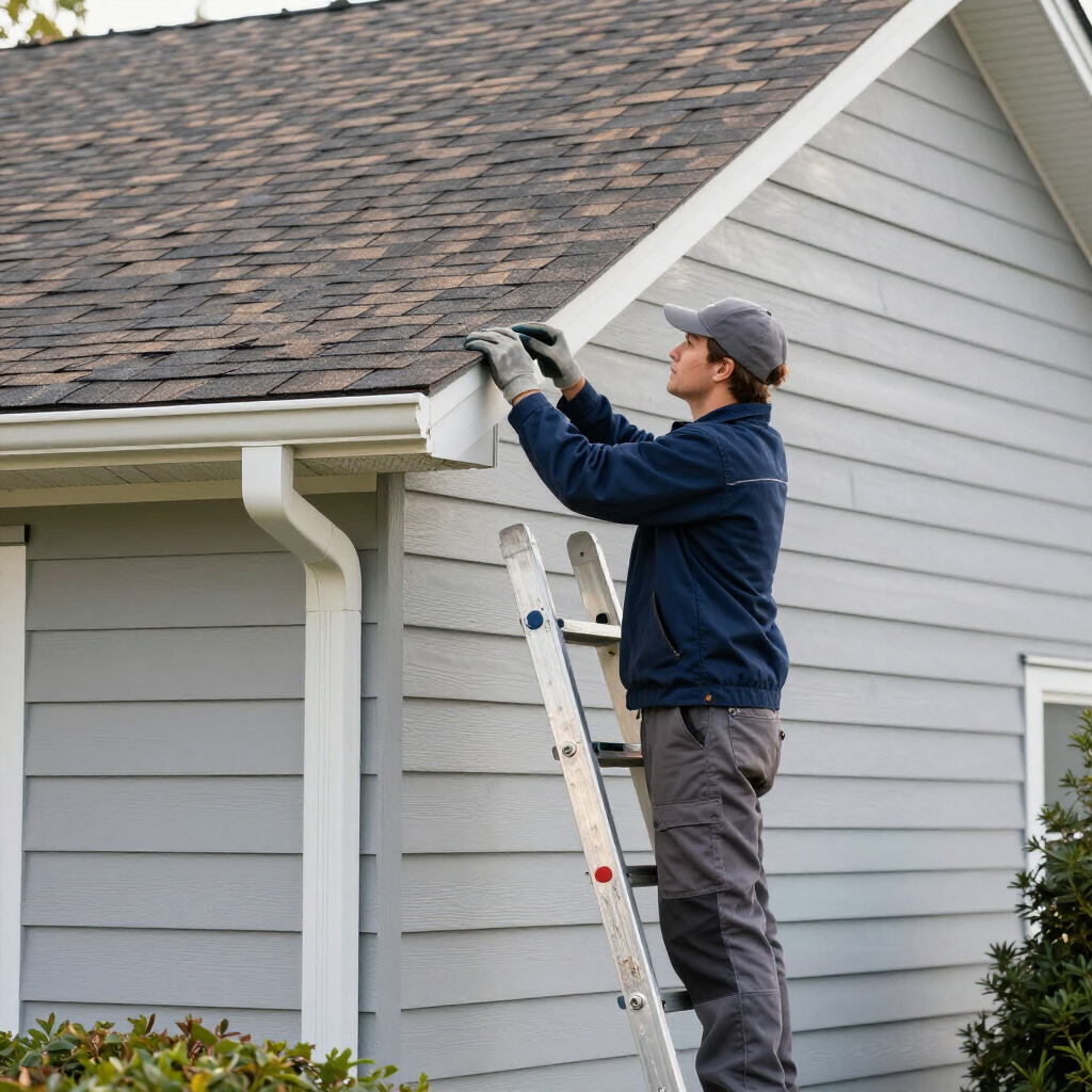 A worker in a blue jacket and cap stands on a ladder, inspecting the roofline of a gray house.