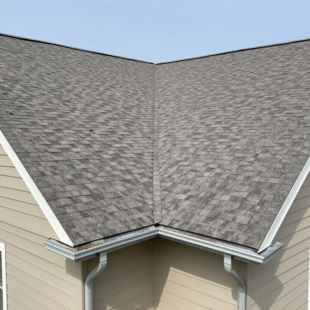 Exterior view of a beige house corner featuring grey shingled roofing and white gutters with a downspout.