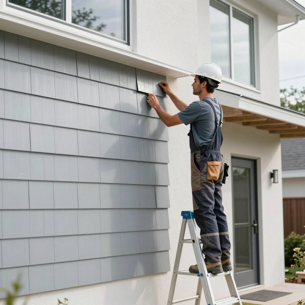 A worker in a hard hat and utility overalls standing on a ladder, installing grey siding panels on a home's exterior.