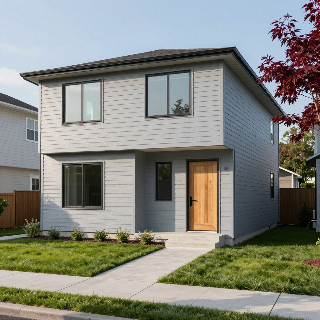 A two-story house with grey horizontal siding, a wooden front door, and a concrete walkway in a residential neighborhood.