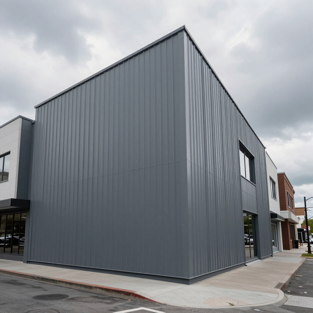 A corner view of a two-story building featuring modern vertical gray metal siding, situated on a concrete sidewalk.