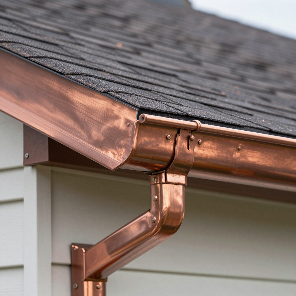 Shiny copper gutters and a downspout attached to the edge of a roof with dark asphalt shingles.