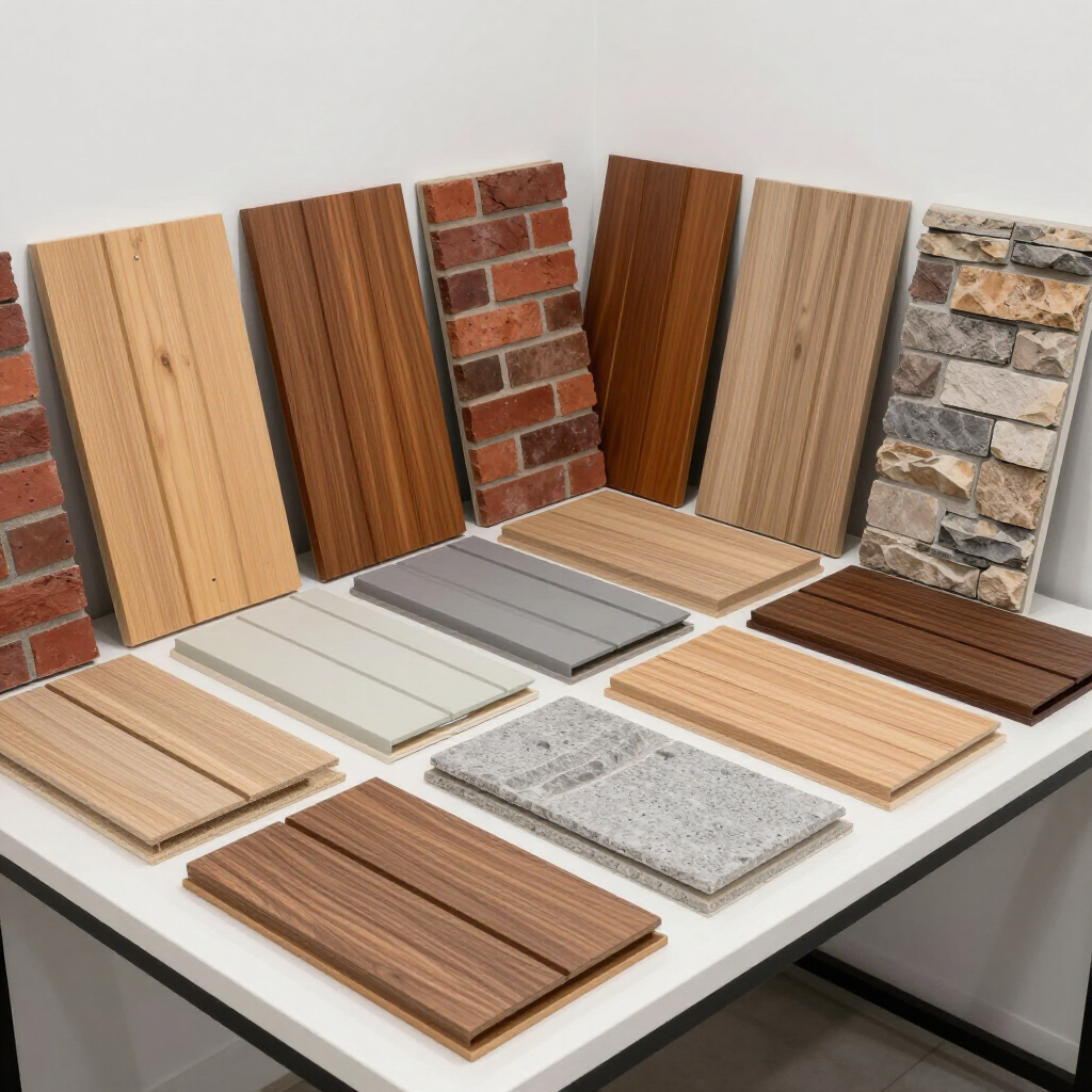A collection of home construction samples, including wood planks, bricks, stone, and composite panels, on a white table.