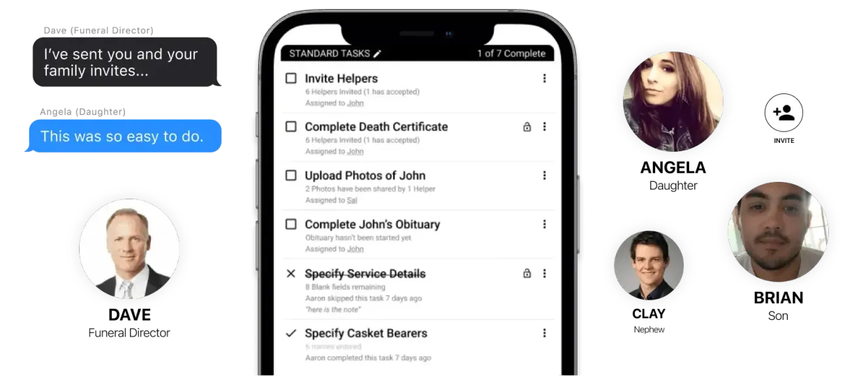 Chat app mockup showing a conversation list on a phone and profile avatars with names
